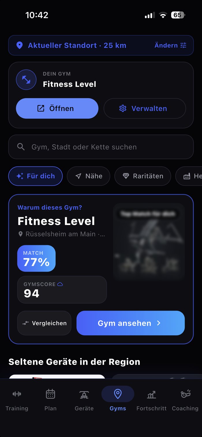 Mein-Gym-Ansicht mit Studio-Inventar, Match-Wert und Gymscore in der IronCodex-App