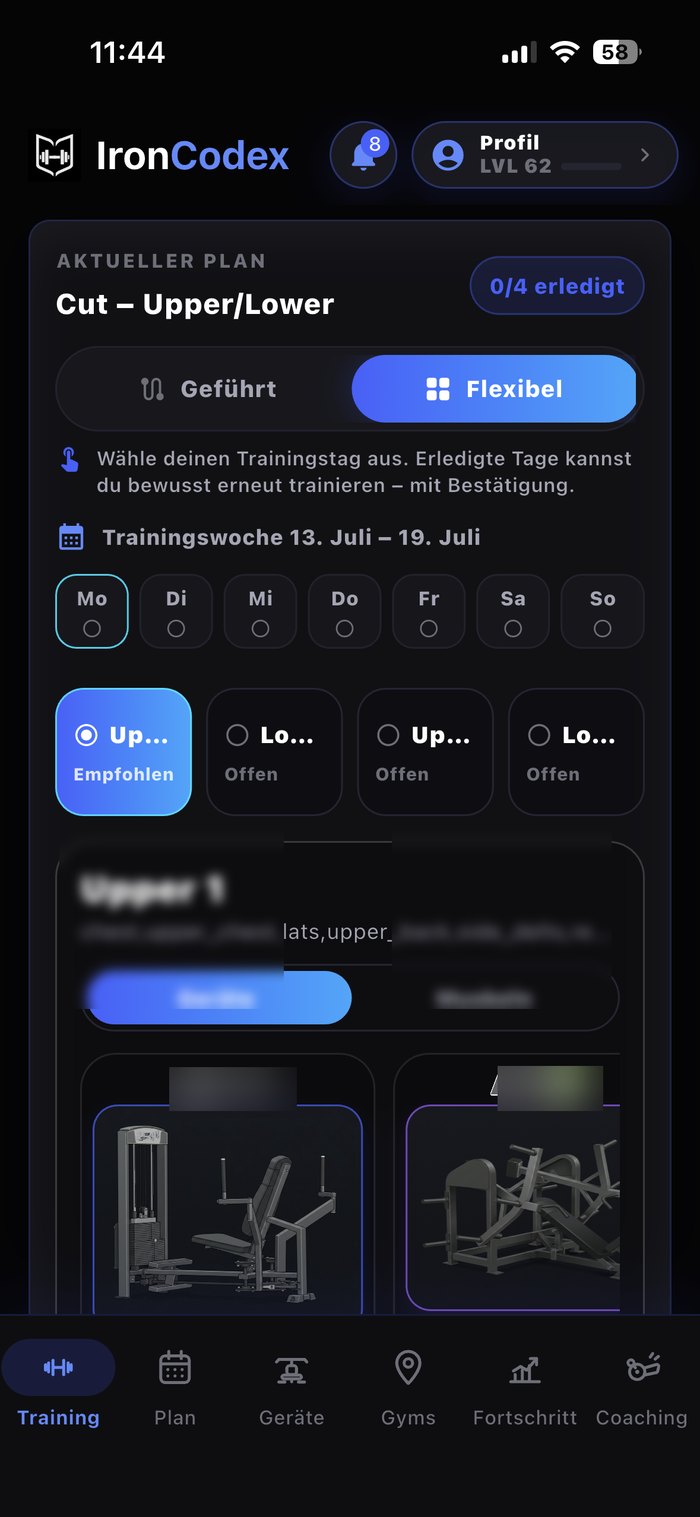 IronCodex-Startbildschirm mit dem Plan „Cut – Upper/Lower“ und echten Geräten