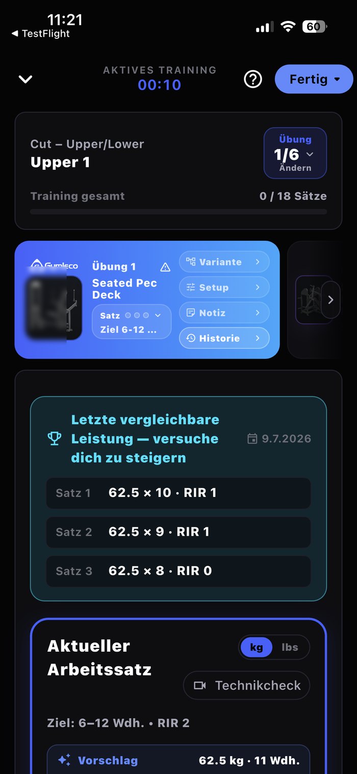 Aktiver Workout-Logger mit Satz-Erfassung, Rest-Timer und Referenzwerten in der IronCodex-App